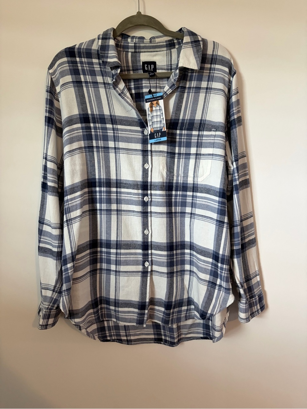 NWT Gap plaid boyfriend flannel cotton button down size L blue boxy relaxed